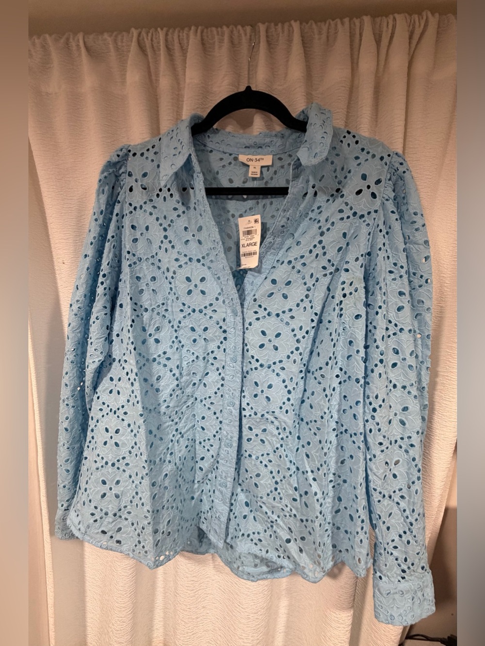 Eyelet Button-Front Blouse in Light Blue